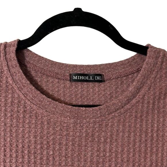 Miholl earthy muted mulberry color waffle weave top with front knot hem M - Picture 3 of 8